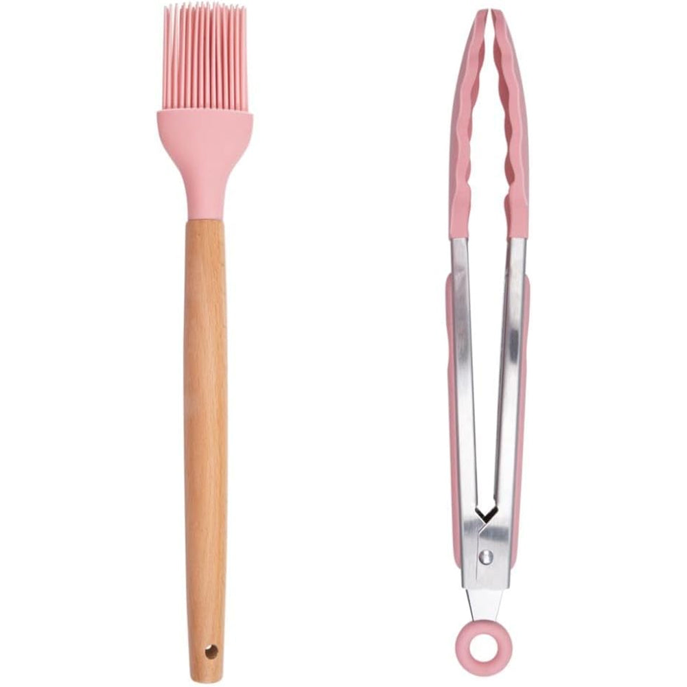 Set Utensili da Cucina Rosa e Supporto 12 Pezzi Utensili Silicone Manico Legno