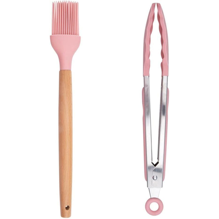 Set Utensili da Cucina Rosa e Supporto 12 Pezzi Utensili Silicone Manico Legno