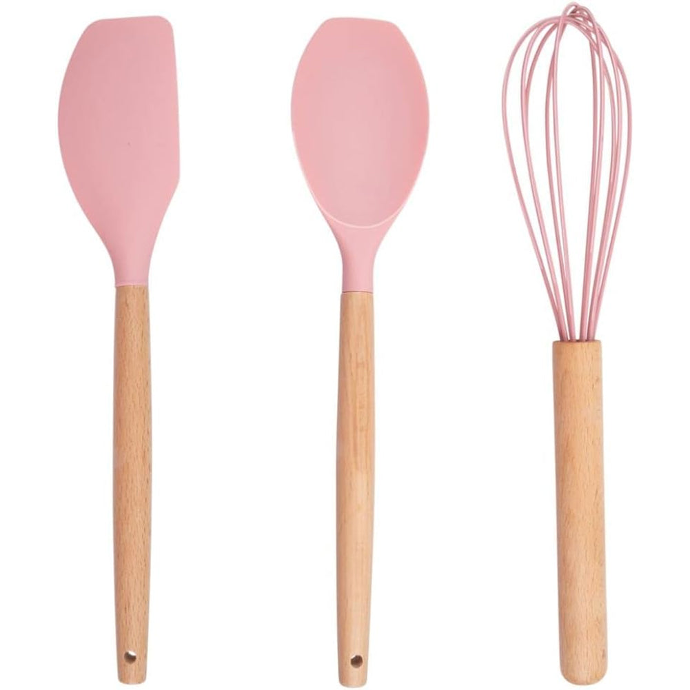 Set Utensili da Cucina Rosa e Supporto 12 Pezzi Utensili Silicone Manico Legno