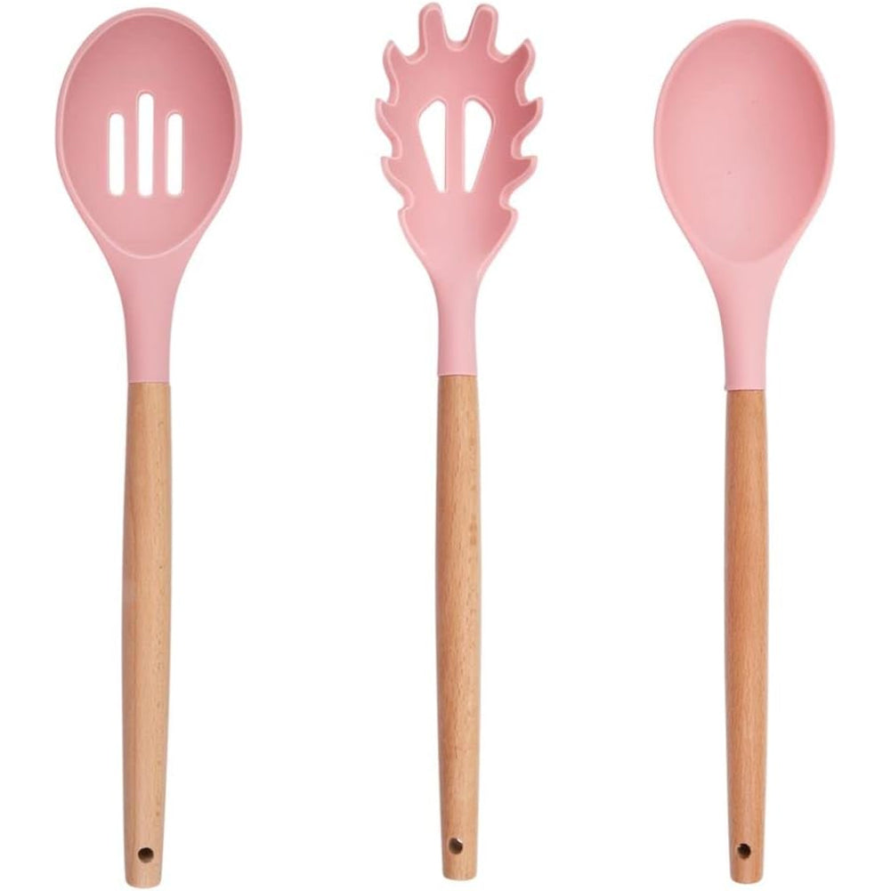 Set Utensili da Cucina Rosa e Supporto 12 Pezzi Utensili Silicone Manico Legno