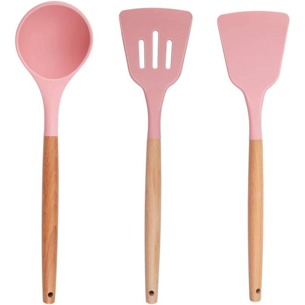 Set Utensili da Cucina Rosa e Supporto 12 Pezzi Utensili Silicone Manico Legno