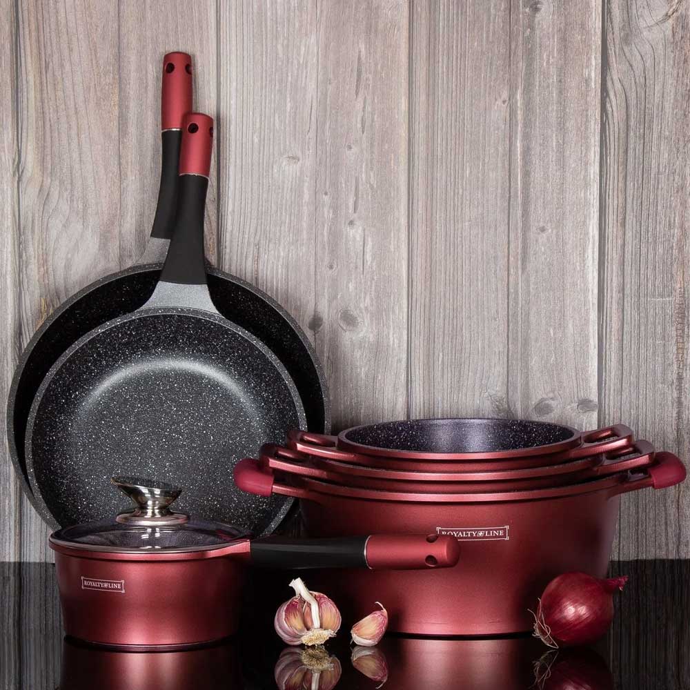 Batteria Pentole e Padelle 14 Pz Antiaderente In Pietra Lavica RL-ES2014M Bordeaux