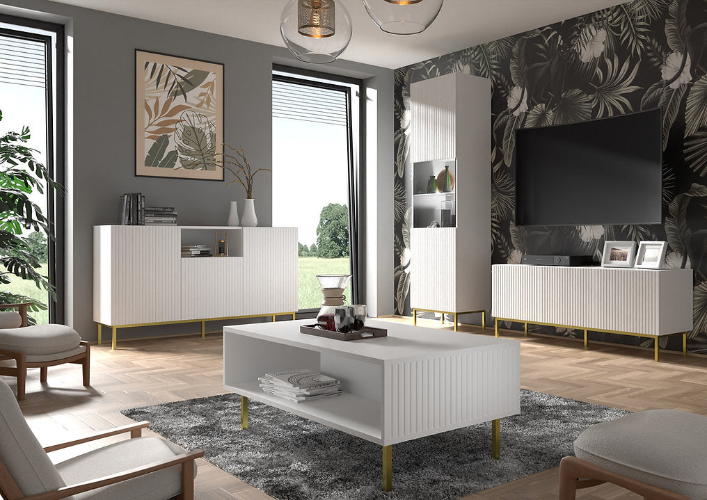 Mobile colonna vetrina soggiorno Ravenna cm 60x42x215H Bianco opaco piedi in oro