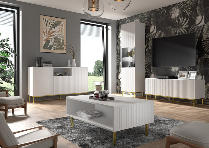 Mobile colonna vetrina soggiorno Ravenna cm 60x42x215H Bianco opaco piedi in oro