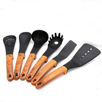 Set Mestoli da Cucina 7 Pz Resistenti al Calore Antiaderenti Colore Legno