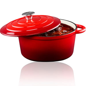 Padella in Ghisa con Coperchio Casseruola 24 cm Rossa Adatto a Tutti i Fornelli