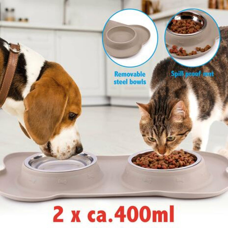 Ciotola per Animali Doppia con Vassoio in Silicone Capienza 2 x 400 ml Cani Gatti