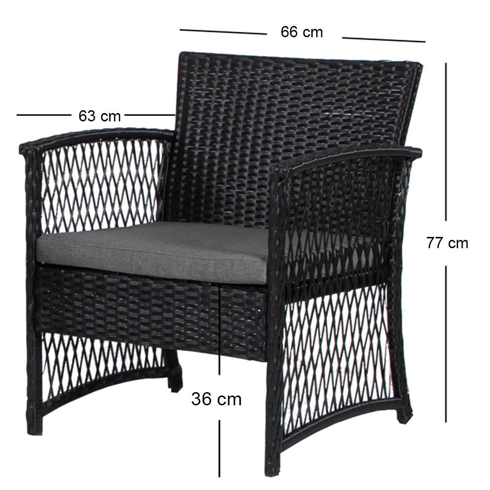 Set 3 Pezzi in Polyrattan Esterno Giardino con 2 Sedie 1 Tavolo Nero e Grigio