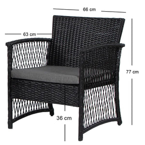 Set 3 Pezzi in Polyrattan Esterno Giardino con 2 Sedie 1 Tavolo Nero e Grigio