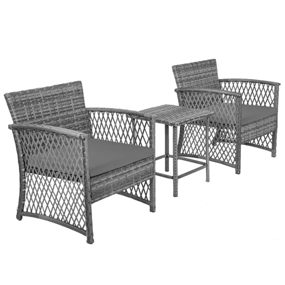 Set 3 Pezzi in Polyrattan Esterno Giardino con 2 Sedie 1 Tavolo Grigio e Grigio