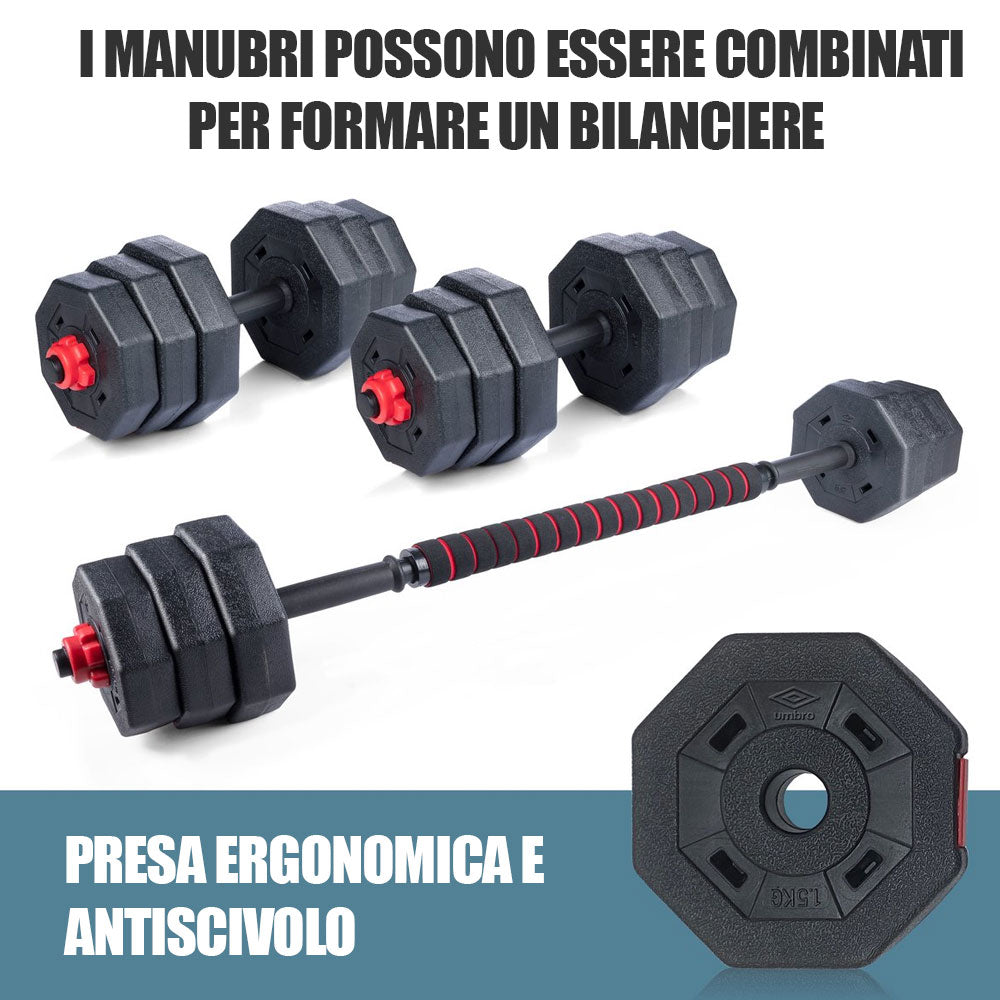 Set Manubri Convertibili in Bilanciere 19Kg Totali 12 Dischi Pesi Plastica Dura