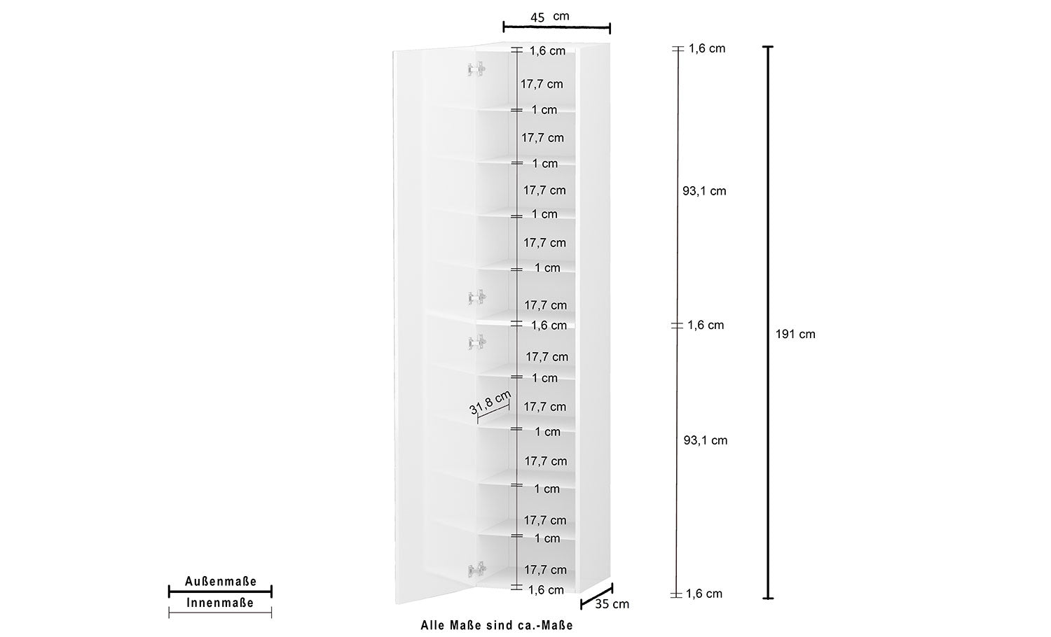 Armadio 1 Anta 45x35x191 cm Kompact Bianco Lucido