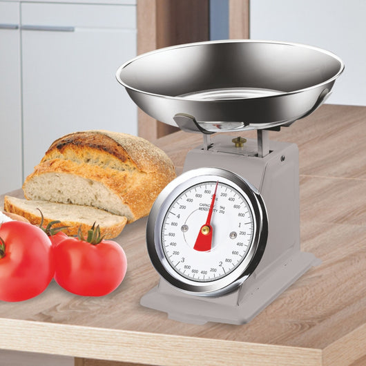 Bilancia da Cucina Metallo Verniciato Grigio Max 5Kg Analogica Vassoio in Acciaio