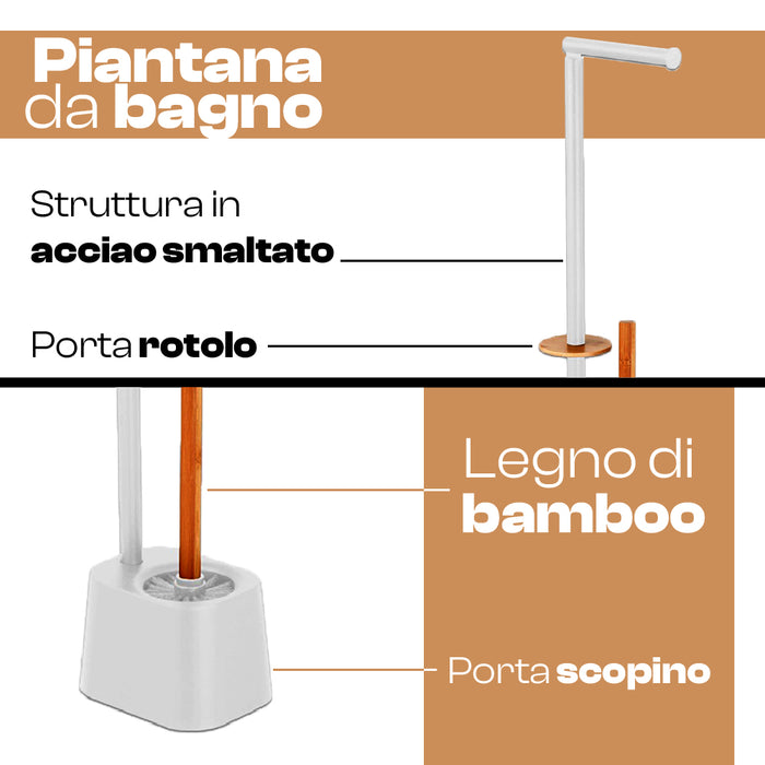 Piantana Bagno 2 braccia + Piantana Porta Scopino e Carta Bianco e Legno Bambù