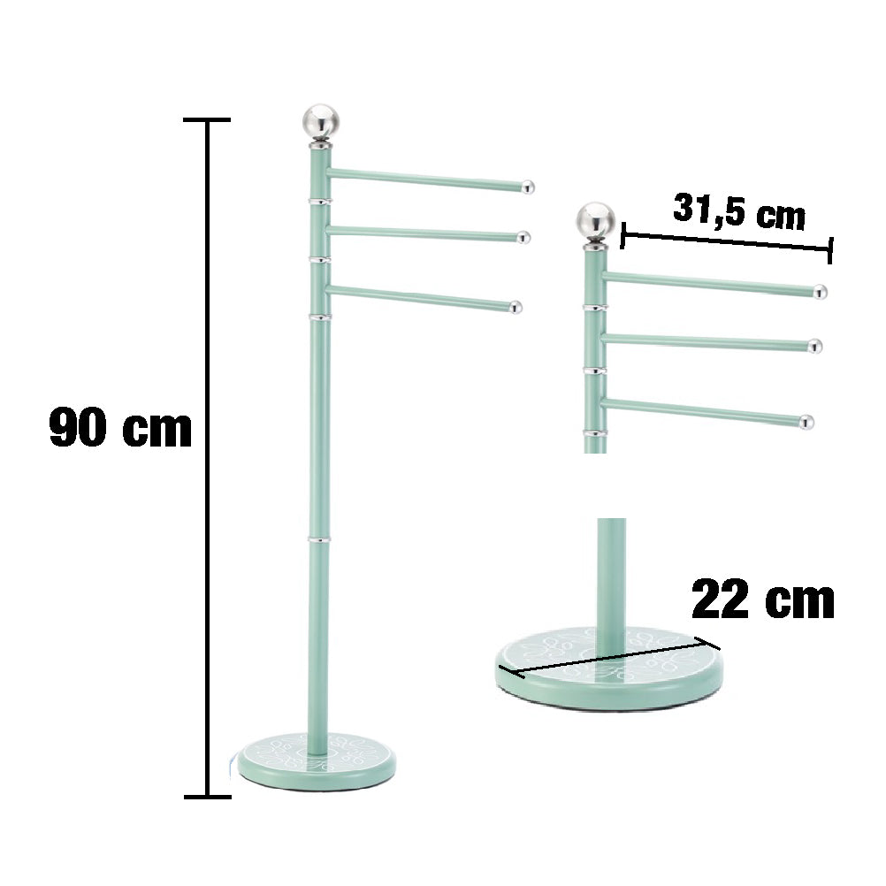 Piantana Bagno Porta Asciugamani Acciaio Smaltato Base Decorata 3Braccia Verde