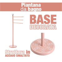 Piantana Bagno Porta Asciugamani Acciaio Smaltato Base Decorata 3Braccia Rosa