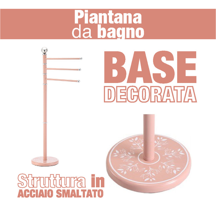 Piantana Bagno Porta Asciugamani Acciaio Smaltato Base Decorata 3Braccia Rosa