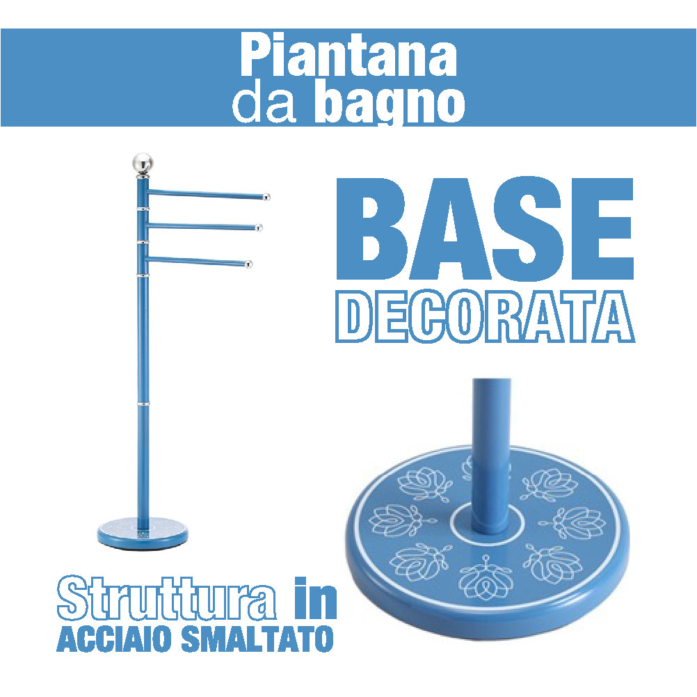 Piantana Bagno Porta Asciugamani Acciaio Smaltato Base Decorata 3Braccia Azzurro