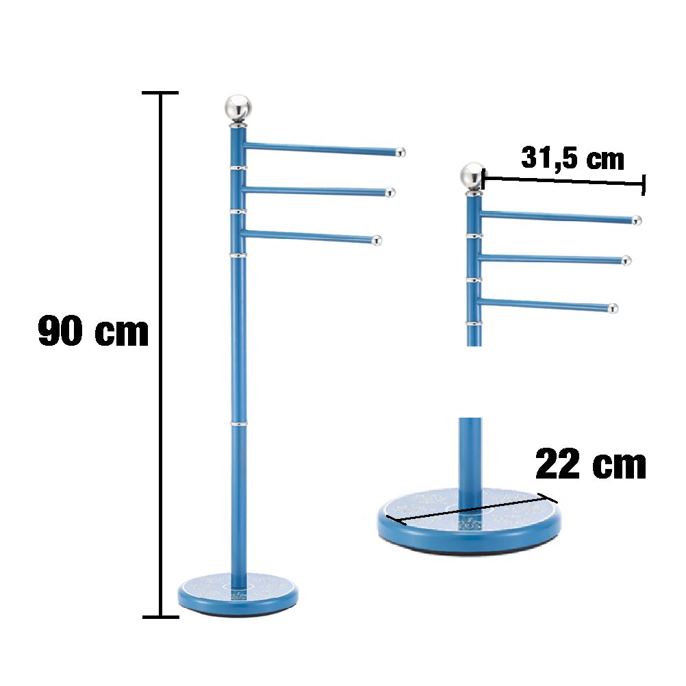 Piantana Bagno Porta Asciugamani Acciaio Smaltato Base Decorata 3Braccia Azzurro