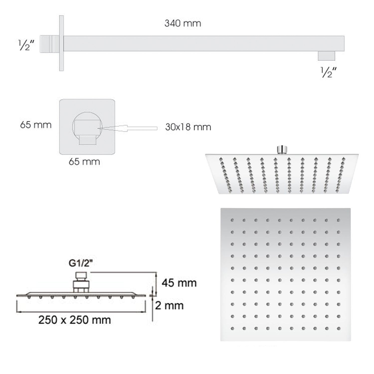 Soffione doccia quadrato ultraslim di Ares 25x25 con braccio doccia in acciaio inox lucidato 