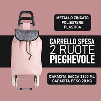 Carrello Porta Spesa Metallo Zincato con Manico e 2 Ruote borsa 33lt Rosa