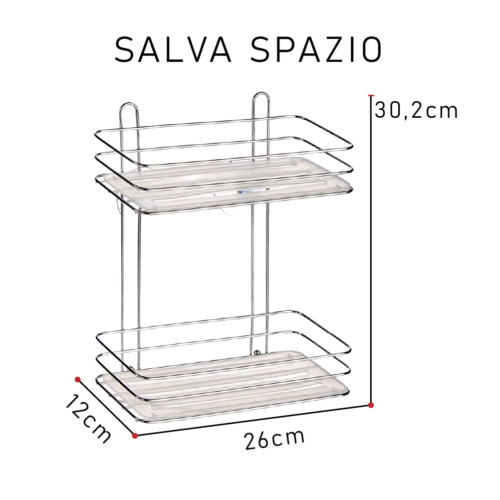 Mensola Bagno 2Piani in Acciaio Cromato Montaggio Fisher o Ventosa 12x26 H30cm