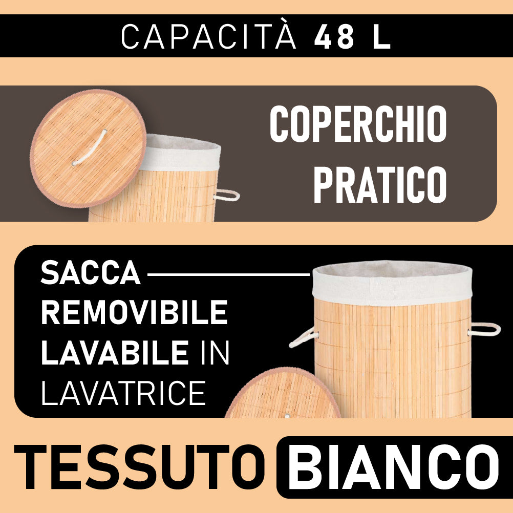 Cesta Porta Biancheria in Bambù con Coperchio 2 Manici Capacità  48Lt Bianco