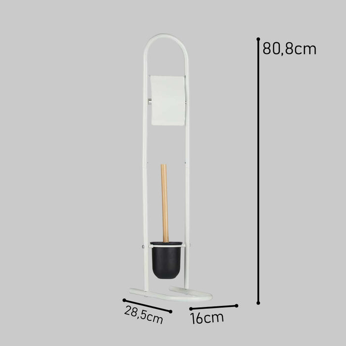 Piantana Portarotolo e Portascopino Metallo Verniciato e Bambù Salvaspazio Bianc