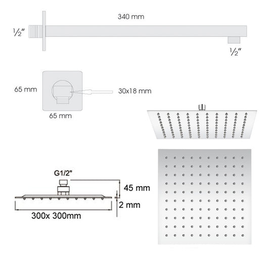 Soffione doccia quadrato ultraslim 30x30 con braccio doccia in acciaio inox lucidato di Ares