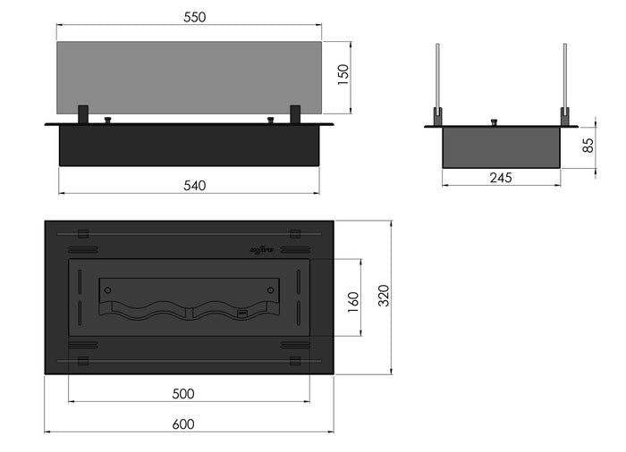 Bruciatore a Bioetanolo da Incasso 60x32x15 cm Insert Black 600 Nero con Vetro