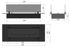 Bruciatore a Bioetanolo da Incasso 80x32x15 cm Insert Black 800 Nero con Vetro