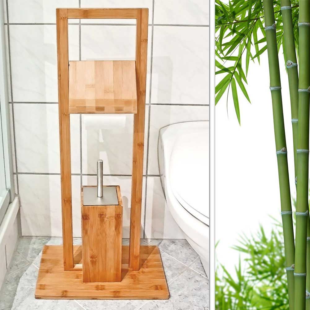 Portarotolo Con Scopino e Porta Scopino In Legno Bambu' Accessori Bagno WC 82 cm