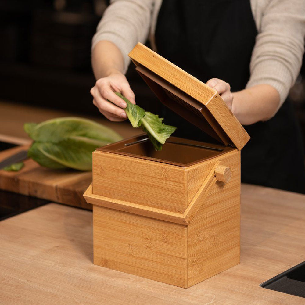 Mini Compostiera Bidone Per Rifiuti Organici Da Cucina In Bambu 4LT Con Filtro