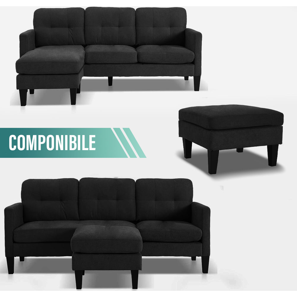 Divano con Penisola Reversibile Mobile e Cuscini Imbottiti Sofa 4 Posti Nero