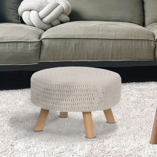 Pouf Sgabello Basso Piedi in Legno Poggiapiedi Tessuto Tortora Diametro 50 cm