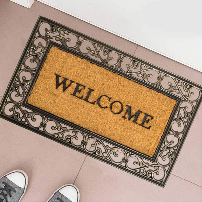 Tappeto Zerbino Rettangolare Welcome In Fibra Di Cocco 45 x 75 cm Beige e Marrone