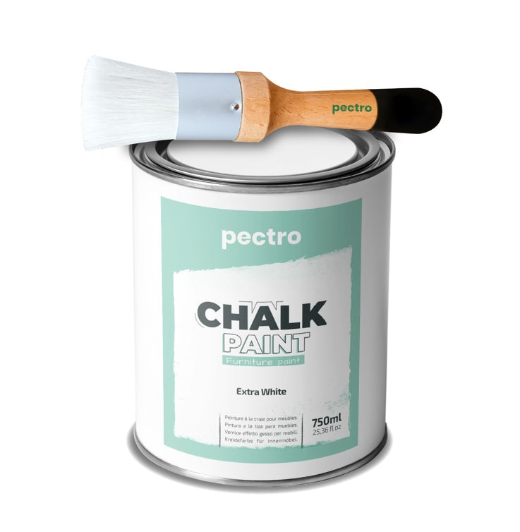 Chalk Paint Vernice a Gesso 750ml + Pennello Tondo in Legno Pack  EXTRA BIANCO - Pittura per Mobili Senza Carteggiare 