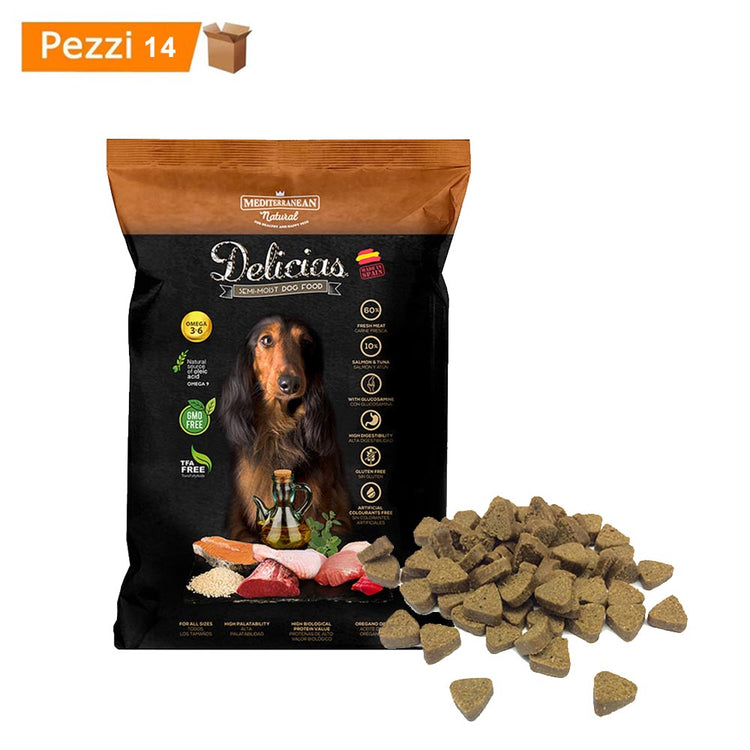 Multipack da 14 pz mediterranean natural delicias cibo per cani semi-umido adulti da 1,5 kg