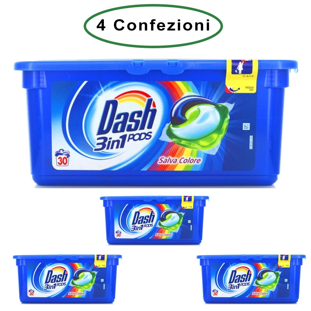 Dash allin1 pods detersivo per lavatrice salva colore 4 confezioni da 30 capsule