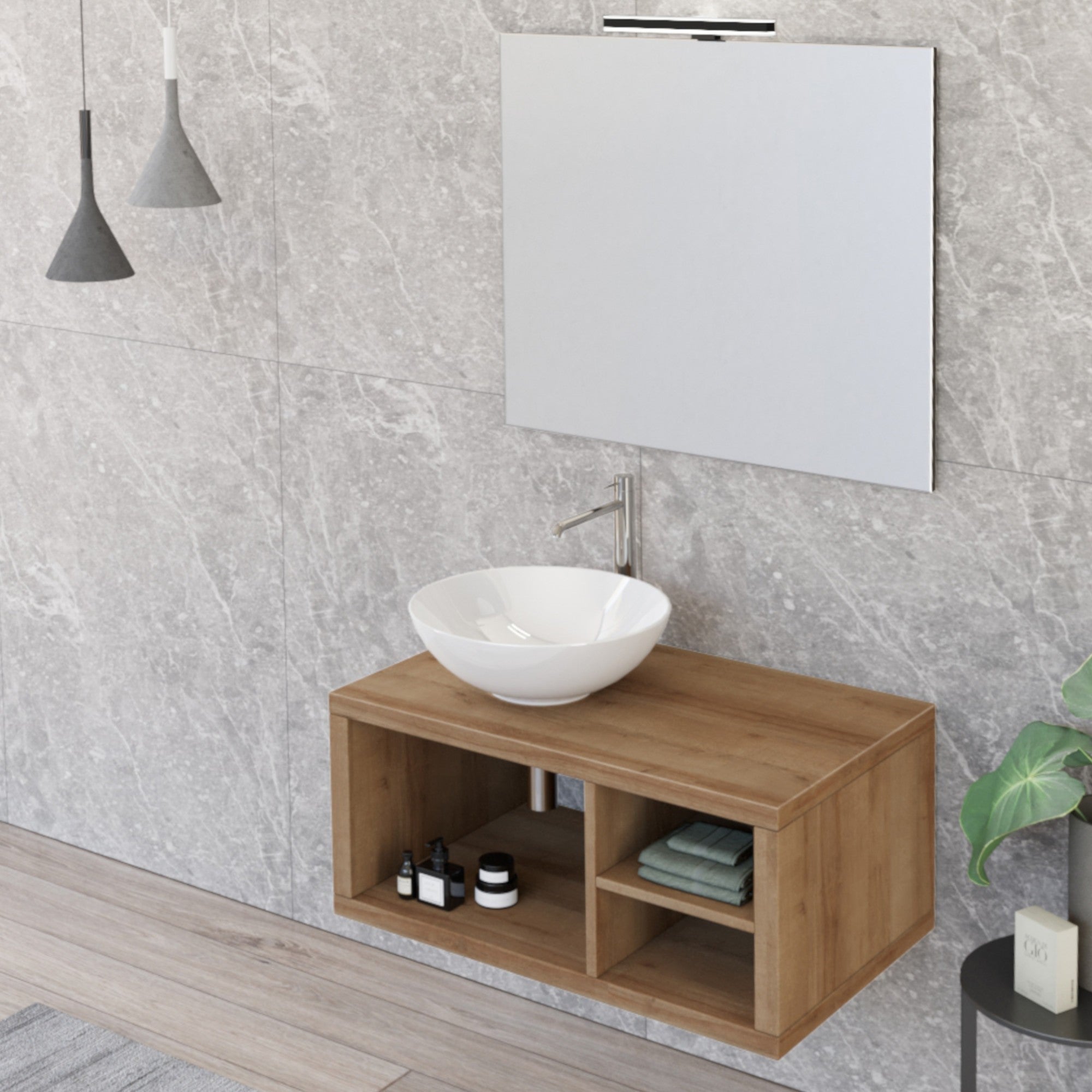 Mobile Bagno Sospeso 80 cm Lavabo e Specchio Bonussi Orione Rovere Farnia