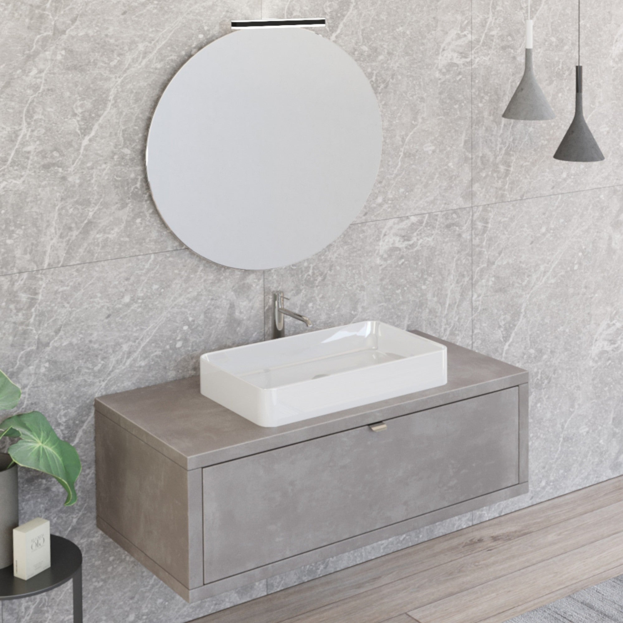 Mobile Bagno Sospeso 110 cm Lavabo e Specchio Bonussi Orione Grigio Effetto Cemento