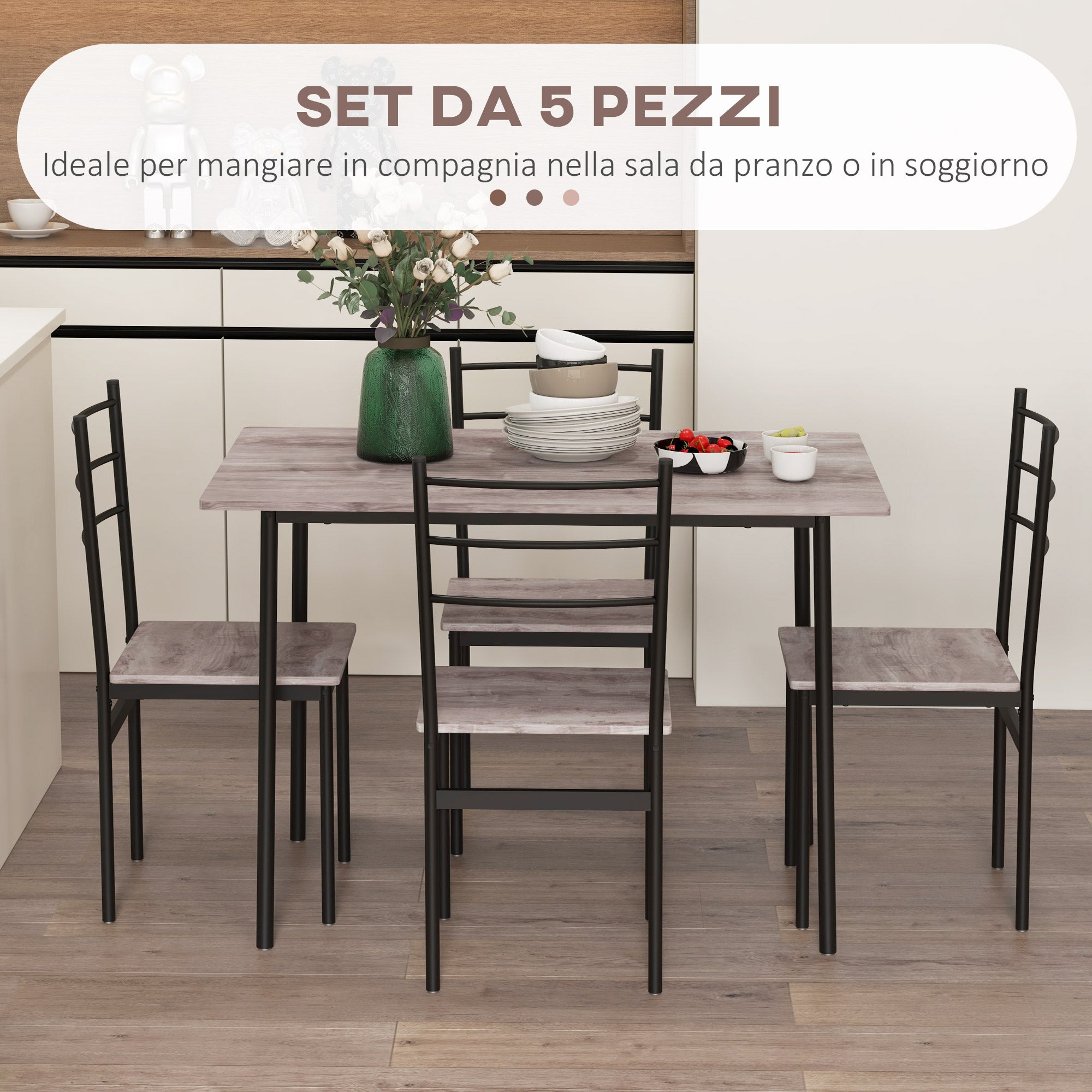 Set Tavolo Rettangolare con Sedie in MDF e Acciaio Nero e Marrone