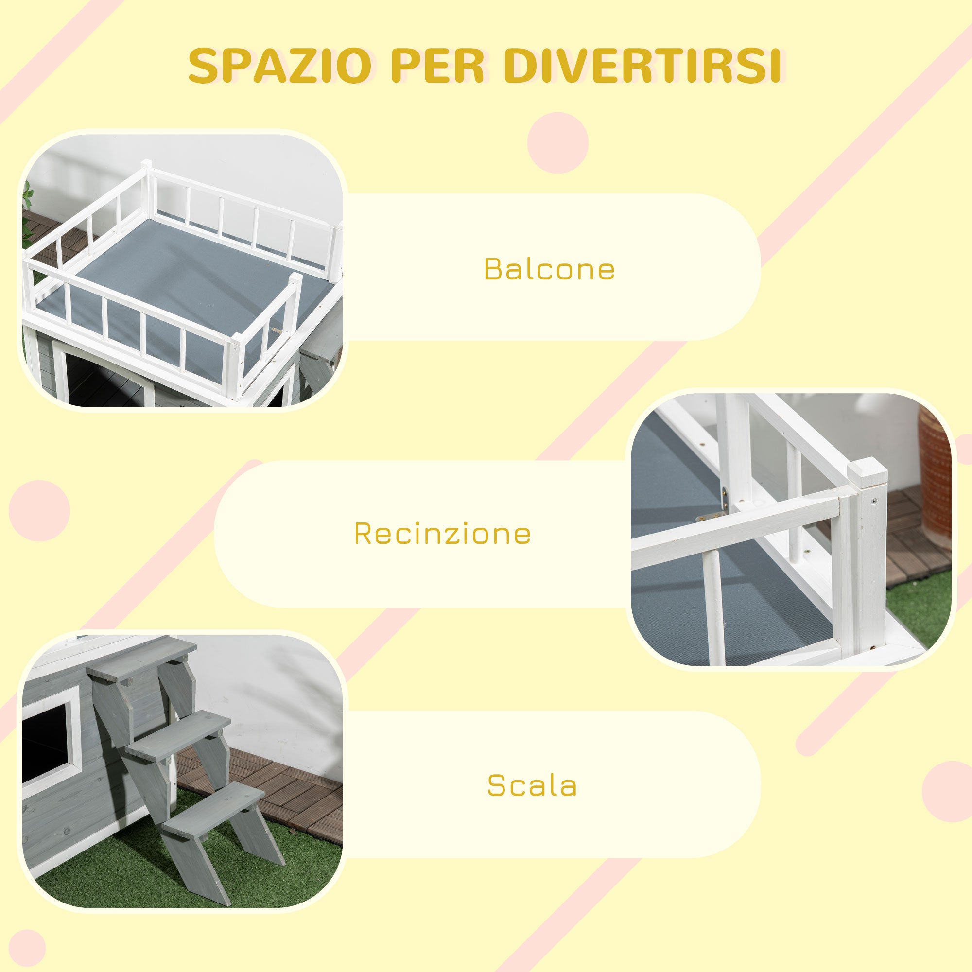 Cuccia da Eterno per Cani 121x77x78 cm con Terrazza Scaletta e Finestra Grigio chiaro