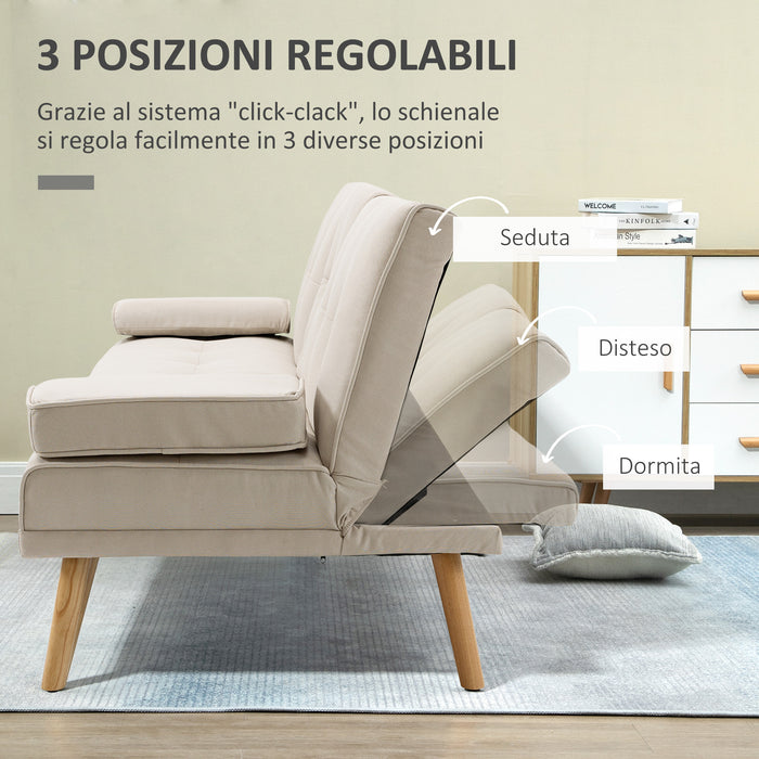 Divano Letto 3 Posti 181x77x78 cm in Tessuto Effetto Lino Beige