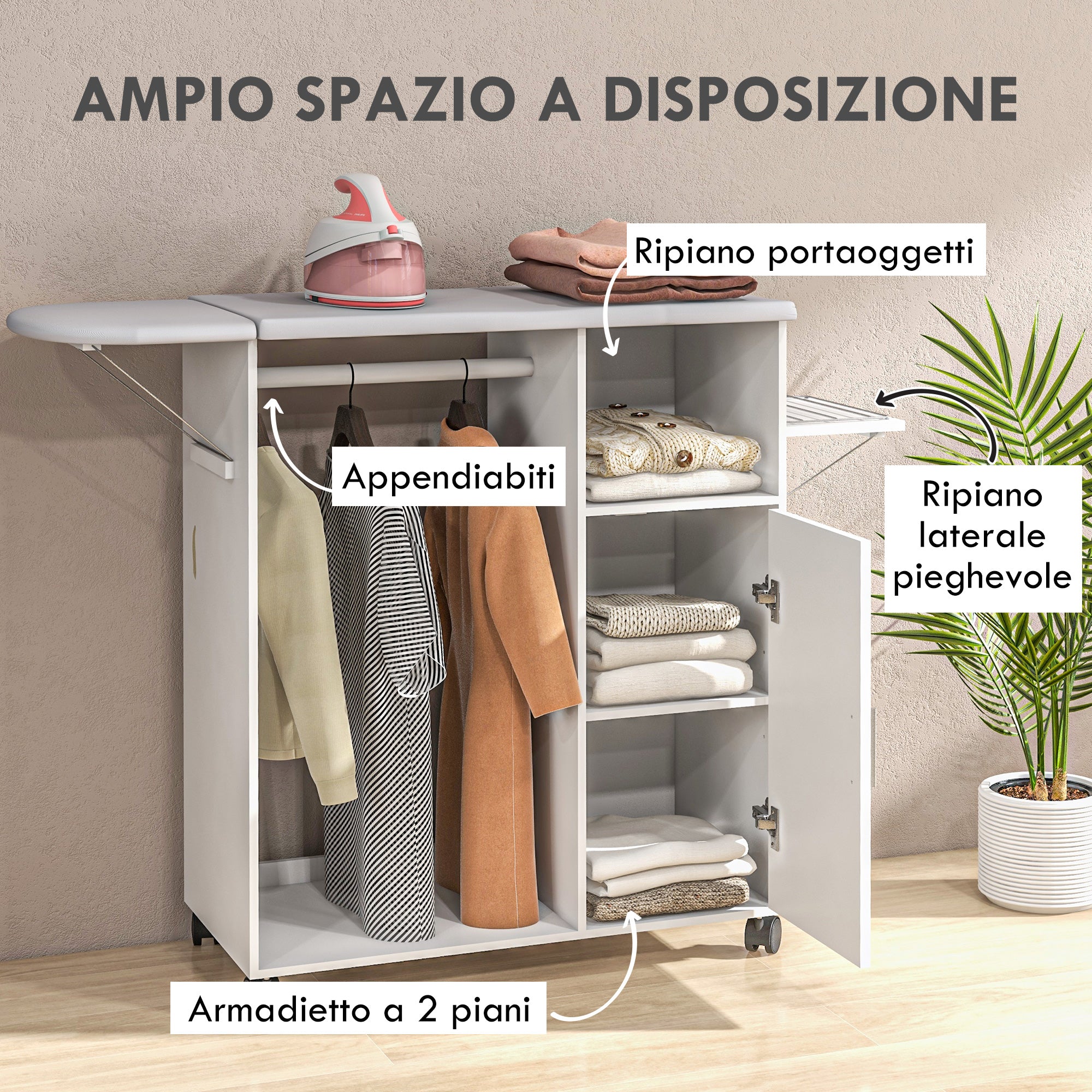 Asse da Stiro con Mobile 107x42,5x99 cm con Piano d’Appoggio e 3 Ripiani Bianco