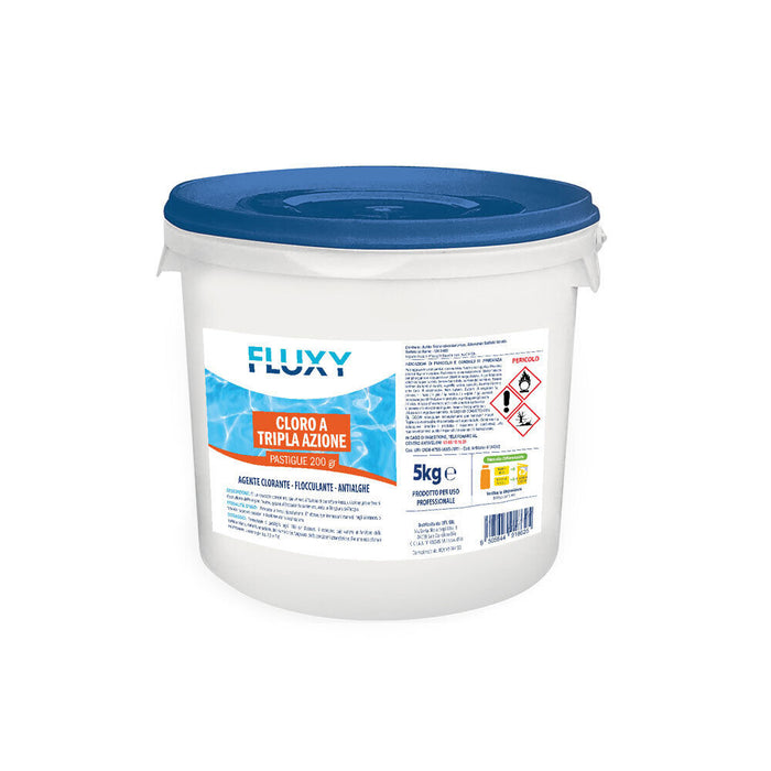 TRIPLEX PASTIGLIE SOLUBILI DA 200gr PER PISCINE MULTIFUNZIONE CONFEZIONE DA 5kg FLUXY