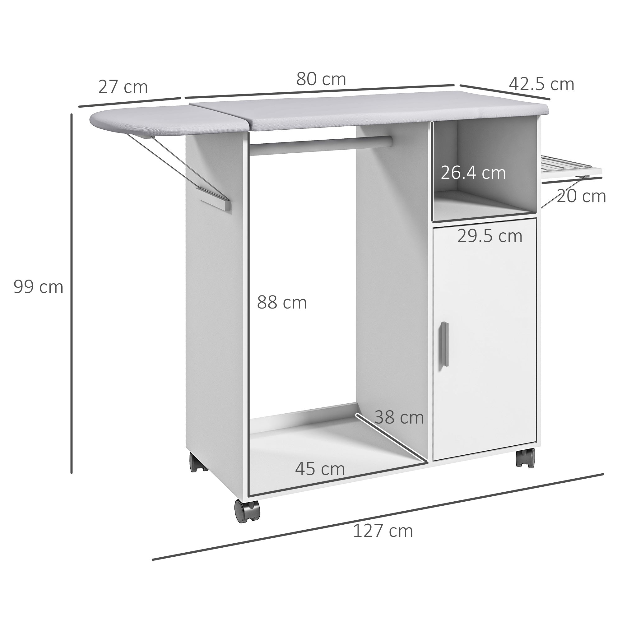 Asse da Stiro con Mobile 107x42,5x99 cm con Piano d’Appoggio e 3 Ripiani Bianco