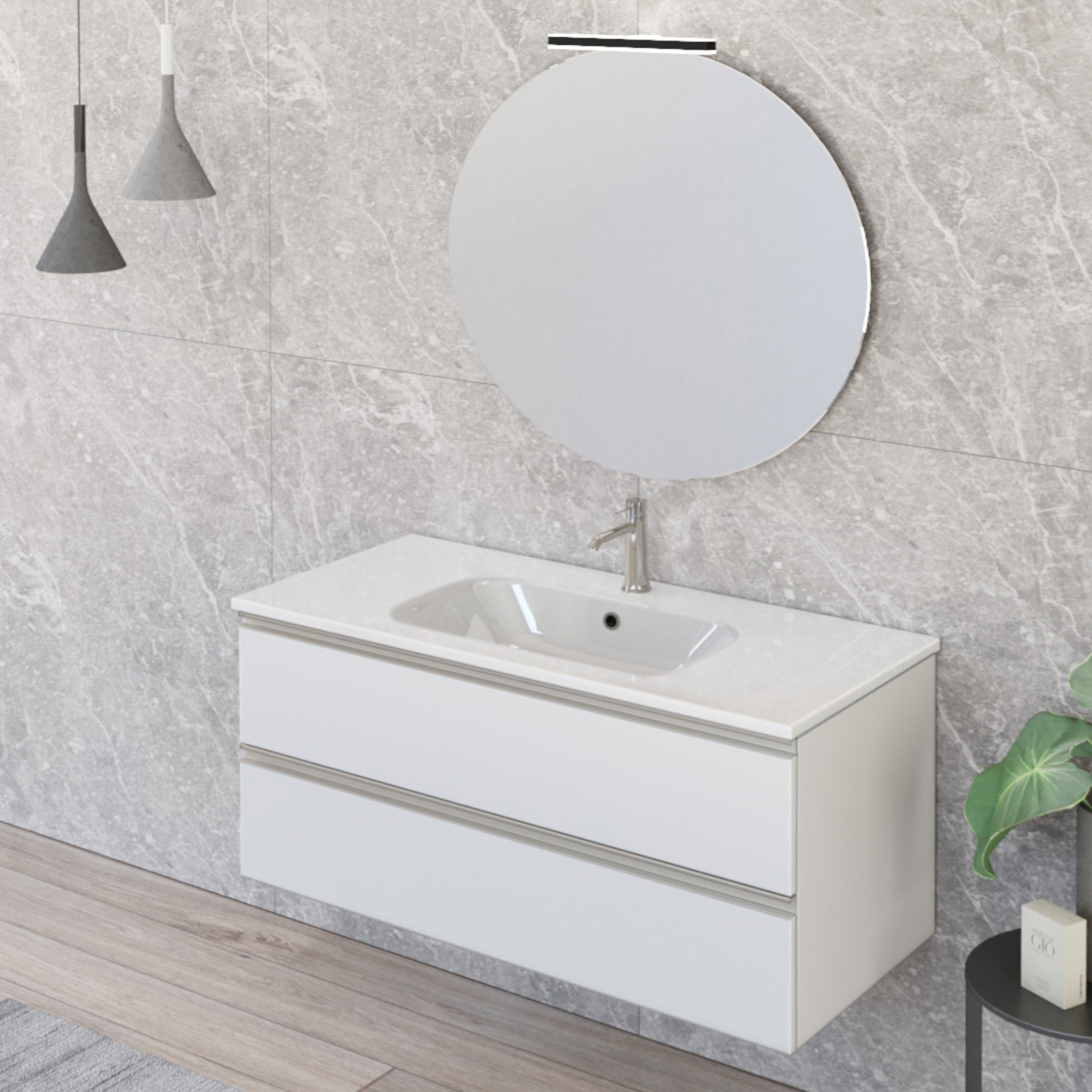 Mobile Bagno Sospeso 100 cm Lavabo e Specchio Bonussi Fenice Bianco Opaco