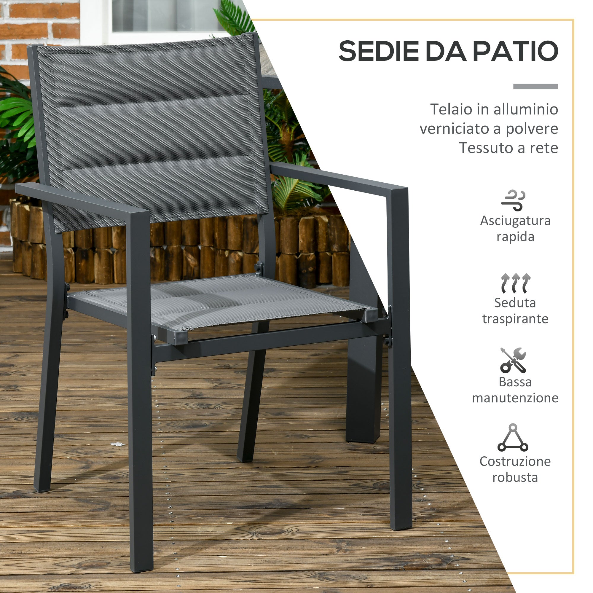 Set Tavolo Allungabile in Vetro e 6 Sedie da Giardino in Alluminio e Tessuto a Rete Grigio Scuro