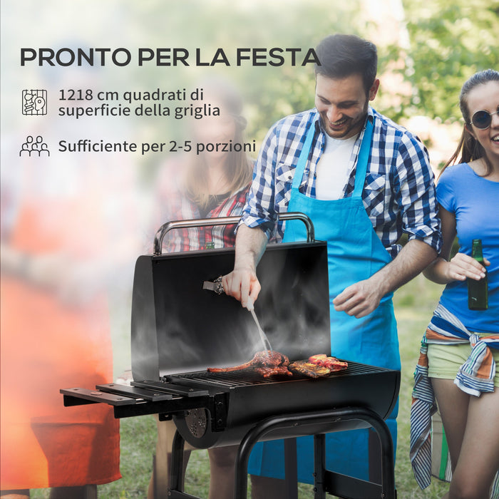 Barbecue a Carbone con Coperchio Termometro e Camino 83x46,5x115 cm in Metallo Nero